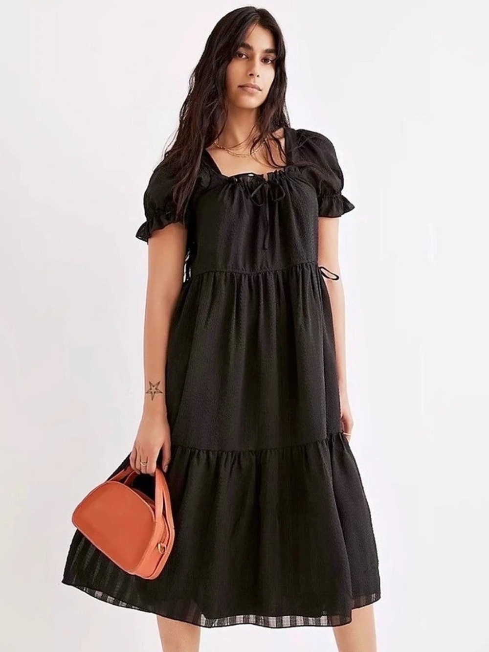 Madewell Square-Neck Tiered Midi Dress in Textured Seersucker Tiered Puff Sleeve